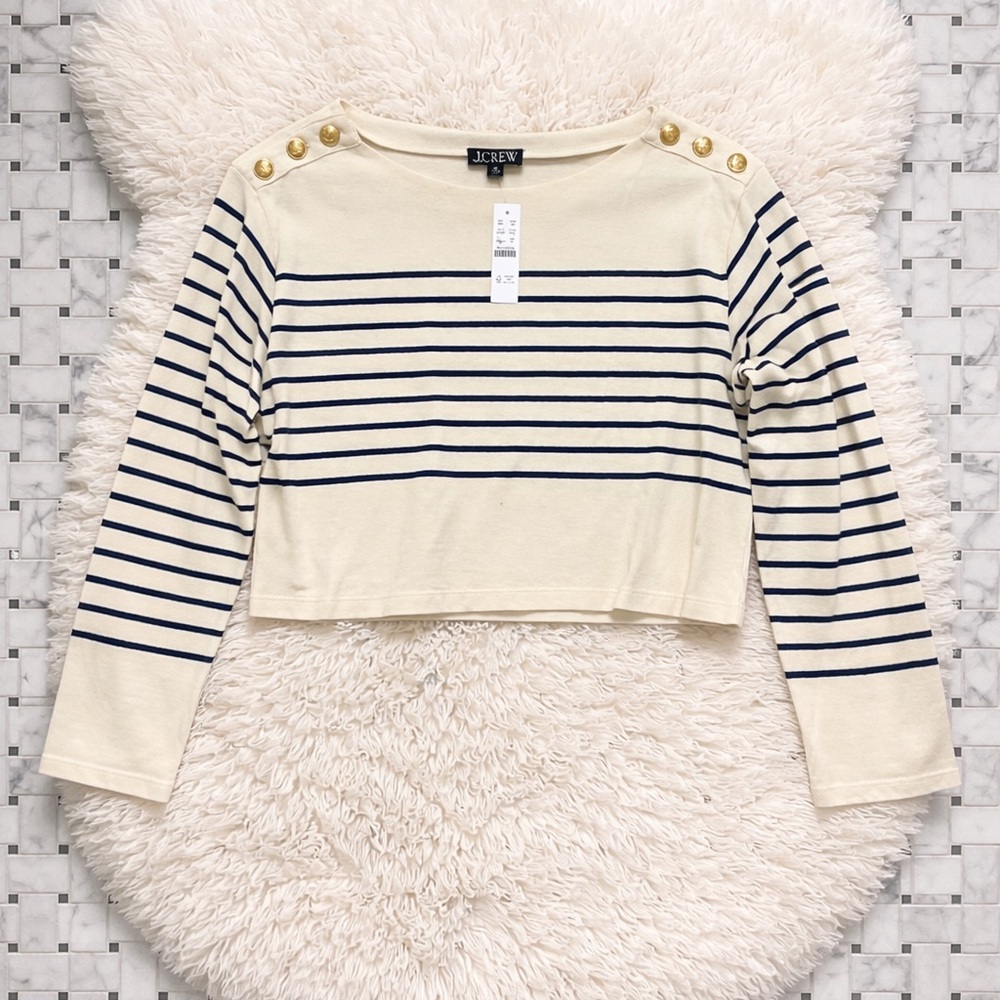 J.Crew Cropped Boatneck Mariner Stripe Tee w/ Gold Buttons - Picture 2 of 4
